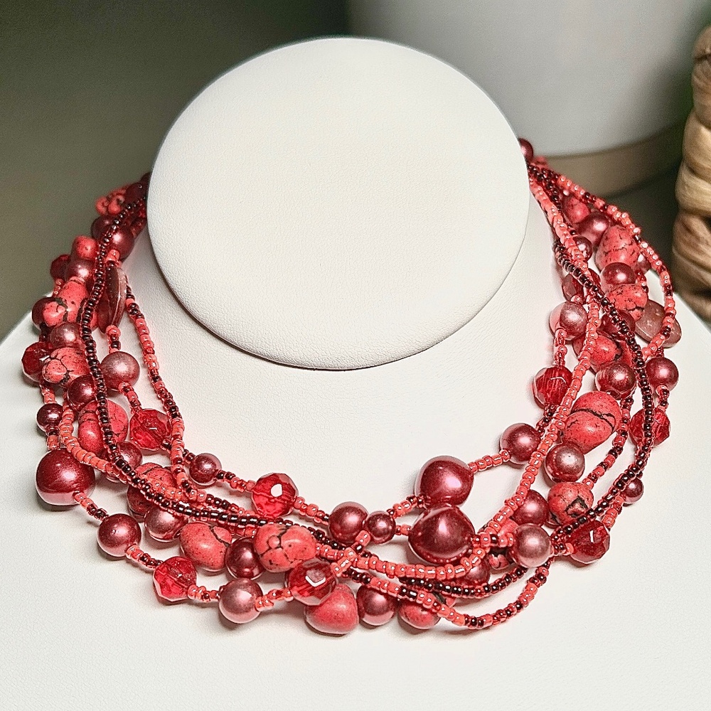 Vintage Beaded Multi-strand Collar Bib Necklace in Shades of Red, Mauve, Pink